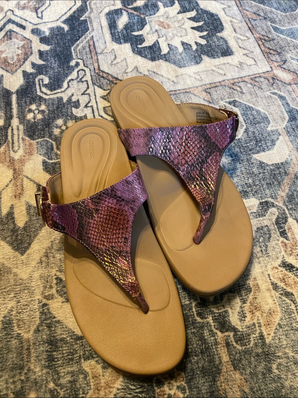 Aetrex Purple Snake-Print Thong Sandals with Tan Footbed and Back Strap